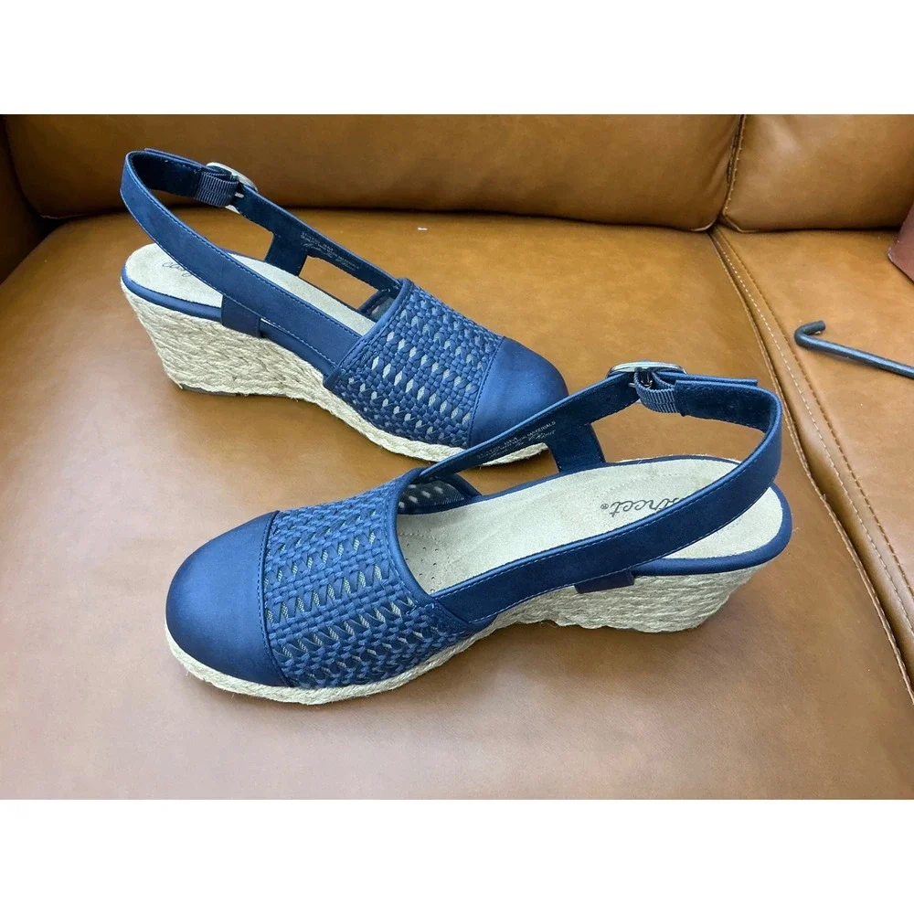 Easy Street Taffy Wedge Sandals Womens 8 Navy Excellent Woven Espadrille